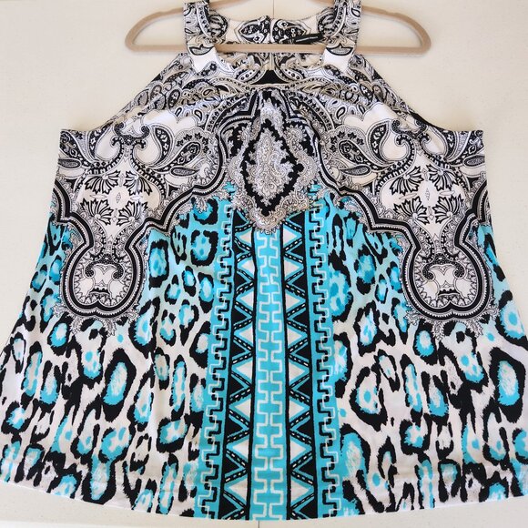 INC Halter Top, White with Black & Aqua Print, Plus Size 2X - Picture 1 of 1